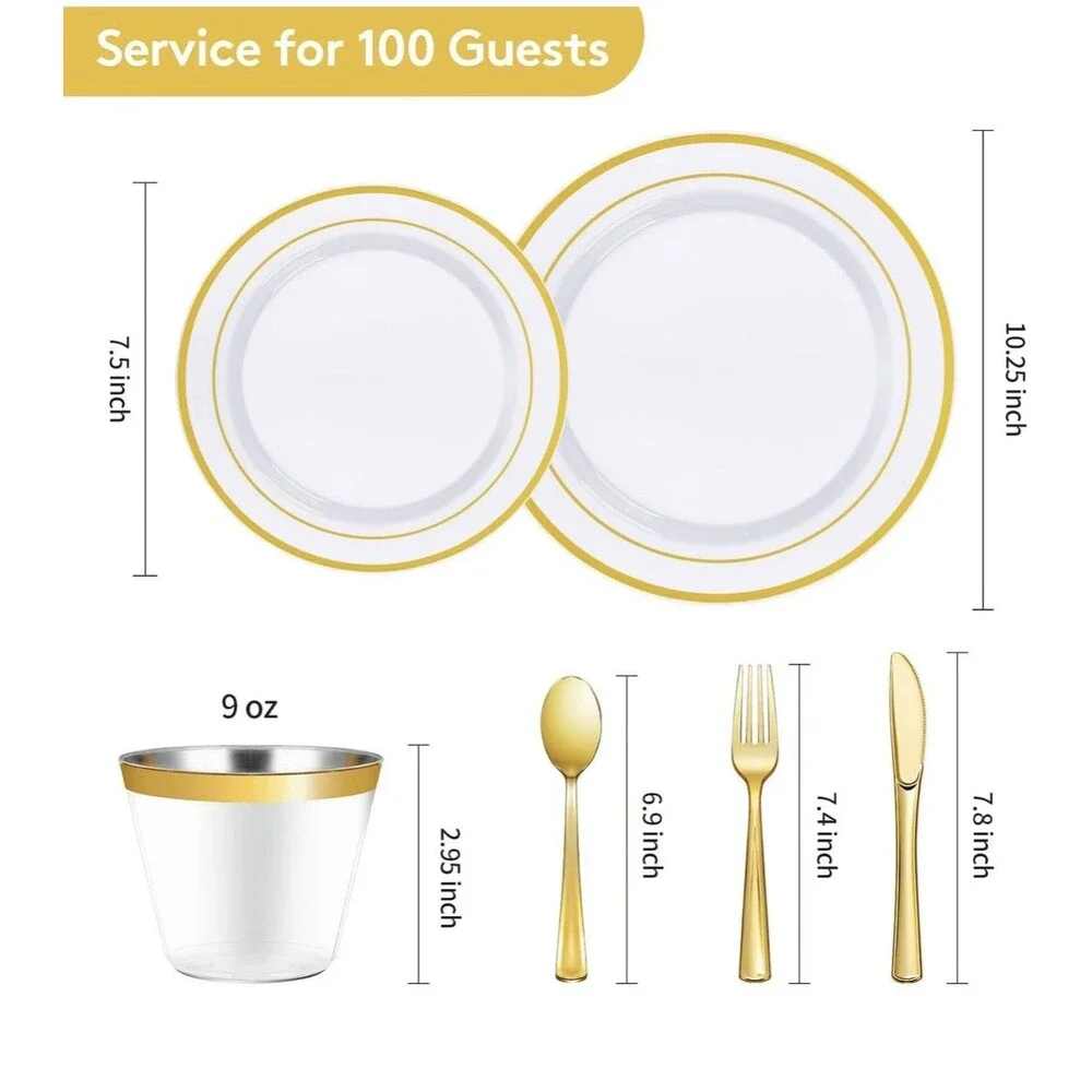 600PCS Gold White Plastic Party/Dinnerware Set for 100 Guests